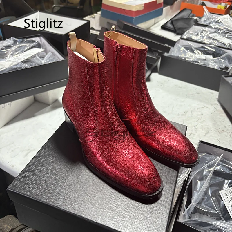 Men Shoes For Wedding - Red Genuine Leather Chelsea Boots for