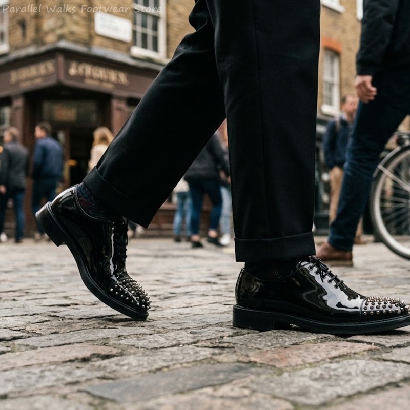 Patent Leather Metallic Studs  - Men Shoes For Wedding 评论和价格
