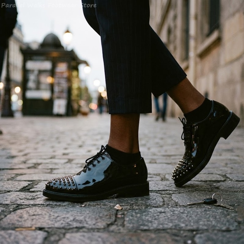 Patent Leather Metallic Studs  - Men Shoes For Wedding 评论和价格